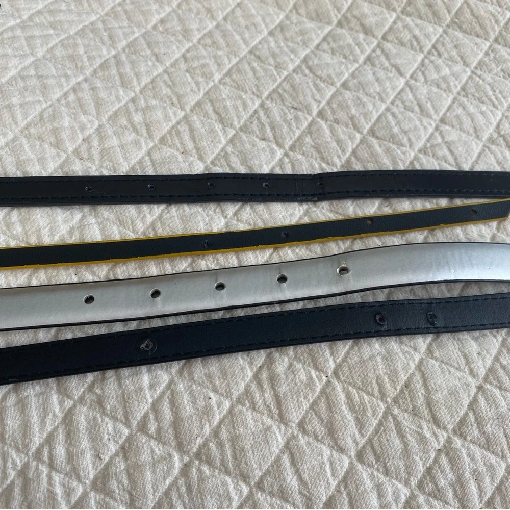 Bundle of 4 Classic Skinny Belts black, striped, yellow silver-tone buckle 30”